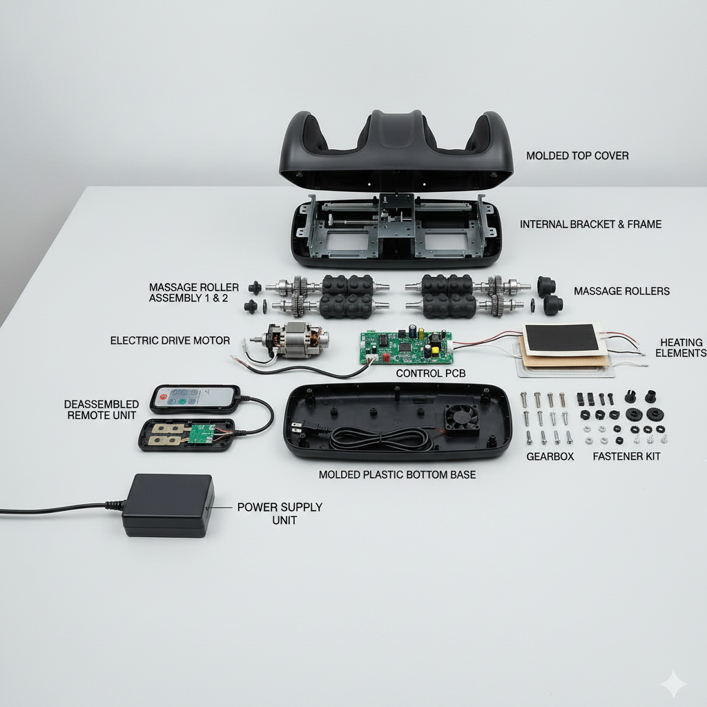 Disassembled massage device with labeled parts on a white background