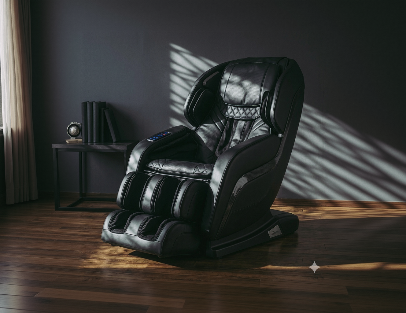 Black massage chair in a room with wooden floor and dark walls
