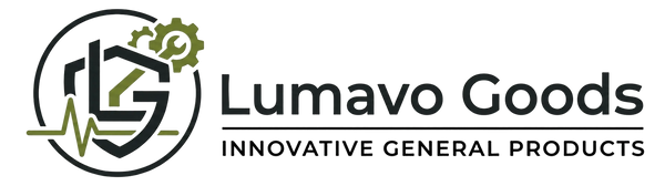 Lumavo Goods logo with a gear and heartbeat symbol on a white background