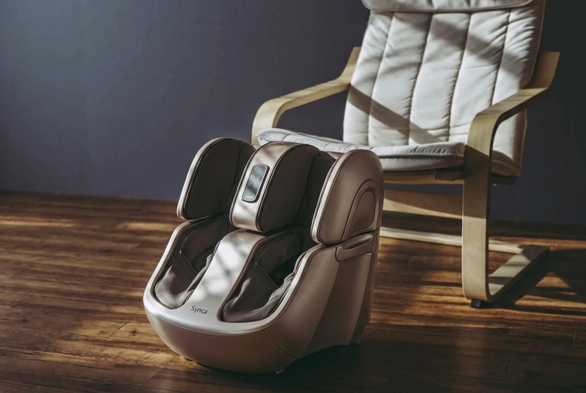Foot massage device on a wooden floor with a chair in the background